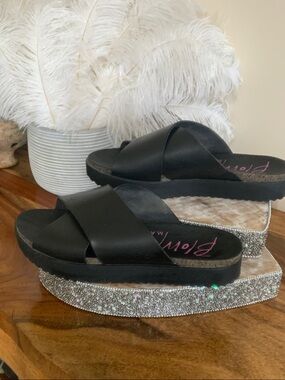 Blowfish Black Cross-Strap Glitter Platform Slide Sandals